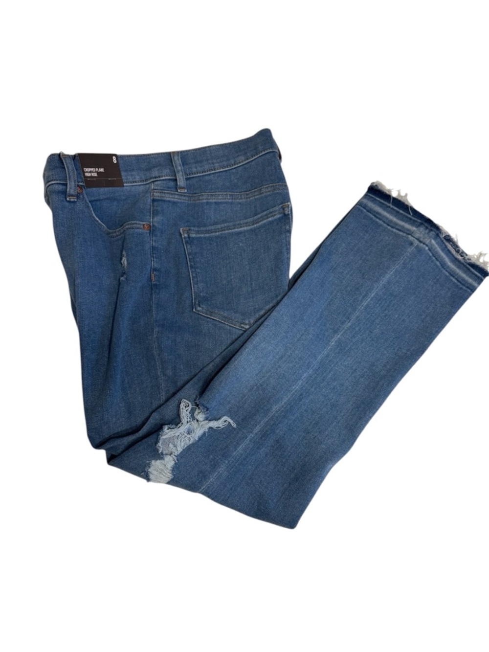 NWT Express Medium Blue Cropped Flare High Rise Distressed Jeans Size 8